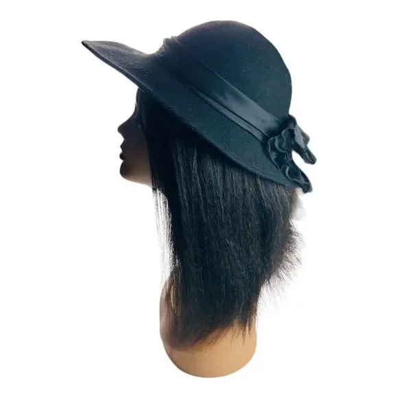 Arlin Vtg 100% Wool Wide Brim Hat Rust‎ Brown Black Chiffon Bow Durby Style Vintage Arlin Black 100% Wool Hat Women main image 2